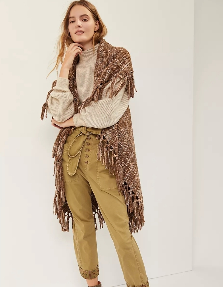 Anthro Manos del Uruguay Fringed Vest in taupe